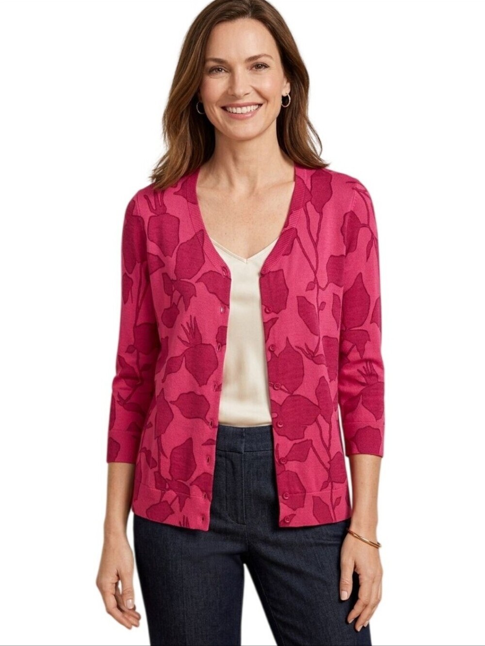 Talbots 100% Pure Merino Wool Pink Red Floral 3/4 Sleeve Cardigan Sweater Size L